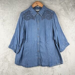 CJ Banks Chambray Button Down Shirt‎ Womens 2X Embroidered Shoulder Boho Artsy